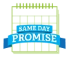 A logo with the label same day promise.