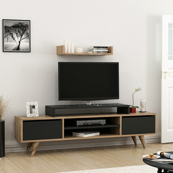 Σύνθετο σαλονιού Melis  χρώμα καρυδί - μαύρο 160x30x48εκ