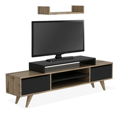 Σύνθετο σαλονιού Melis  χρώμα καρυδί - μαύρο 160x30x48εκ