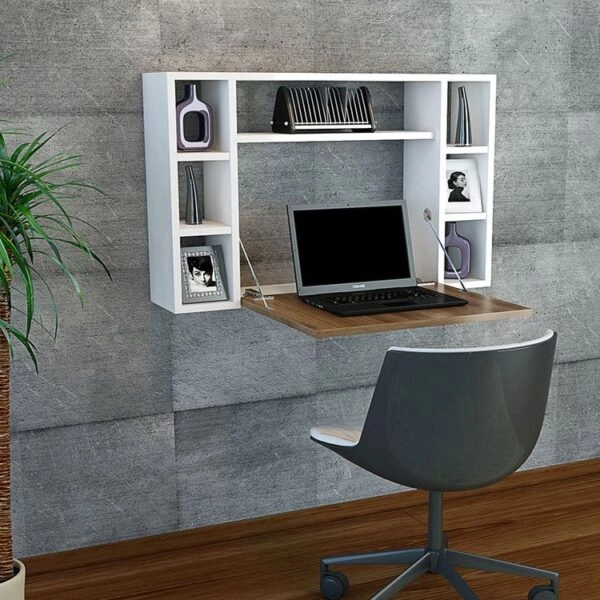 Γραφείο Τοίχου Ανοιγόμενο AMORGOS Λευκό/Καρυδί Μοριοσανίδα 90x20+46x60cm