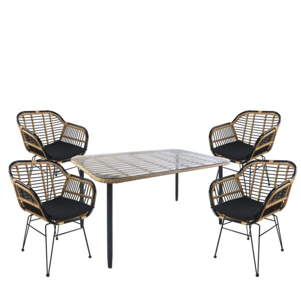 Σετ Τραπεζαρία Κήπου  ANNIUS Φυσικό/Μαύρο Μέταλλο/Rattan/Γυαλί Με 4 Καρέκλες 14990293