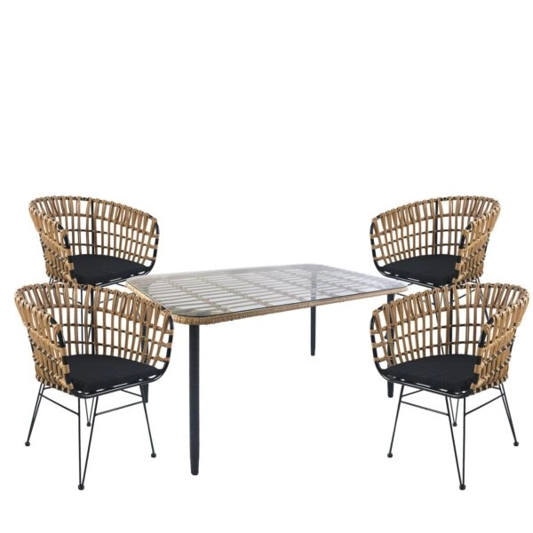 Σετ Τραπεζαρία Κήπου  ANNIUS Φυσικό/Μαύρο Μέταλλο/Rattan/Γυαλί Με 4 Καρέκλες 14990305