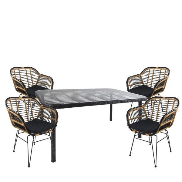 Σετ Τραπεζαρία Κήπου  AMPIUS Μαύρο Μέταλλο/Rattan/Γυαλί Με 4 Καρέκλες 14990367