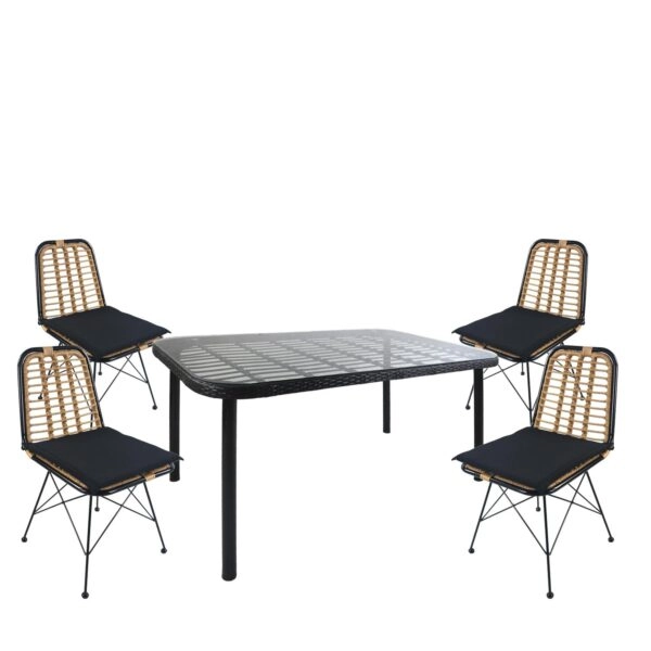 Σετ Τραπεζαρία Κήπου  AMPLAS Μαύρο Μέταλλο/Rattan/Γυαλί Με 4 Καρέκλες 14990371
