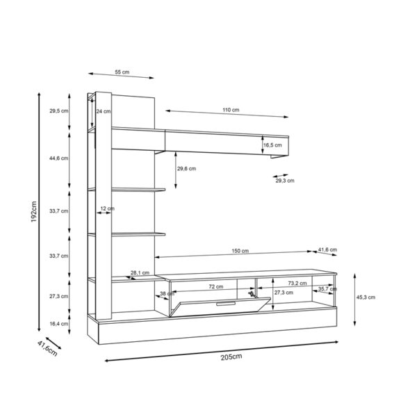 Σύνθετο σαλονιού Dranko  μαύρο-oak μελαμίνης 205x41.5x192εκ