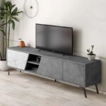 Έπιπλο τηλεόρασης Fiona από μελαμίνη χρώμα γκρι ρετρό - λευκό εφέ μαρμάρου 180x35,6x48εκ.