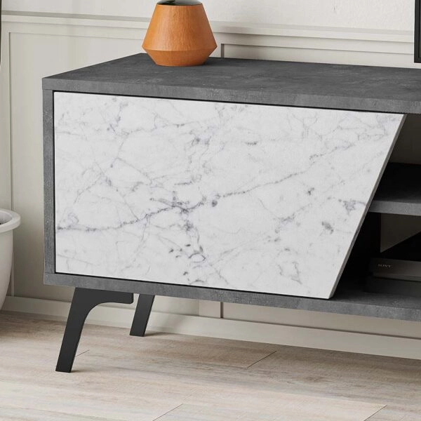 Έπιπλο τηλεόρασης Fiona από μελαμίνη χρώμα γκρι ρετρό - λευκό εφέ μαρμάρου 180x35,6x48εκ.