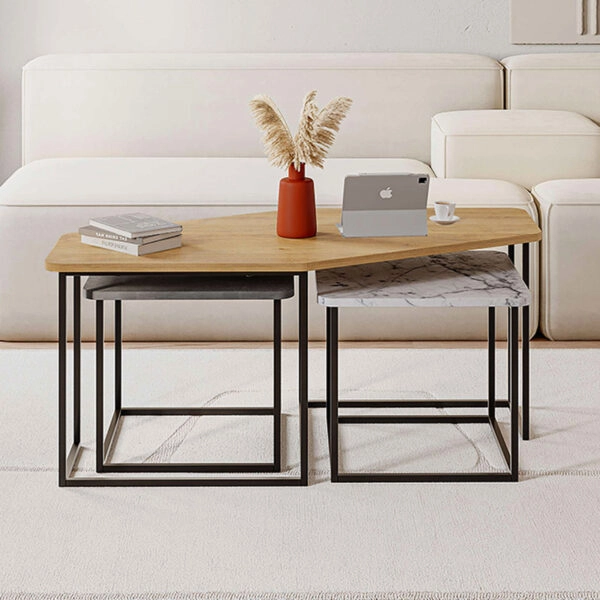 Τραπεζάκι σαλονιού σετ 3 τμχ. Nesty από μελαμίνη χρώμα saphhire oak - γκρι ρετρό - λευκό εφέ μαρμάρου 110x60x48εκ.