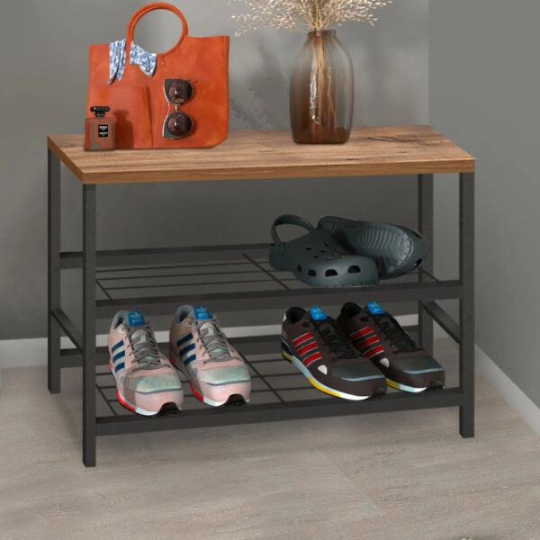 Παπουτσοθήκη Dalia 6 ζευγών μεταλλική - μελαμίνης χρώμα μαύρο - pine oak 65x30x45εκ.