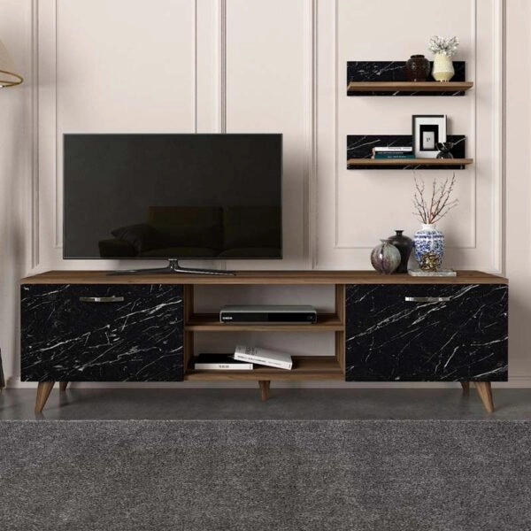 Έπιπλο τηλεόρασης Geacles από μελαμίνη χρώμα καρυδί - μαύρο εφέ μαρμάρου 180x40x50εκ.