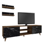Έπιπλο τηλεόρασης Geacles από μελαμίνη χρώμα καρυδί - μαύρο εφέ μαρμάρου 180x40x50εκ.