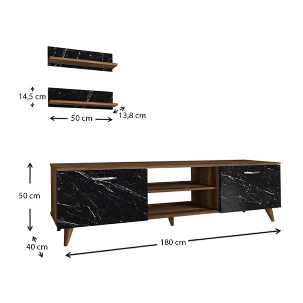 Έπιπλο τηλεόρασης Geacles από μελαμίνη χρώμα καρυδί - μαύρο εφέ μαρμάρου 180x40x50εκ.