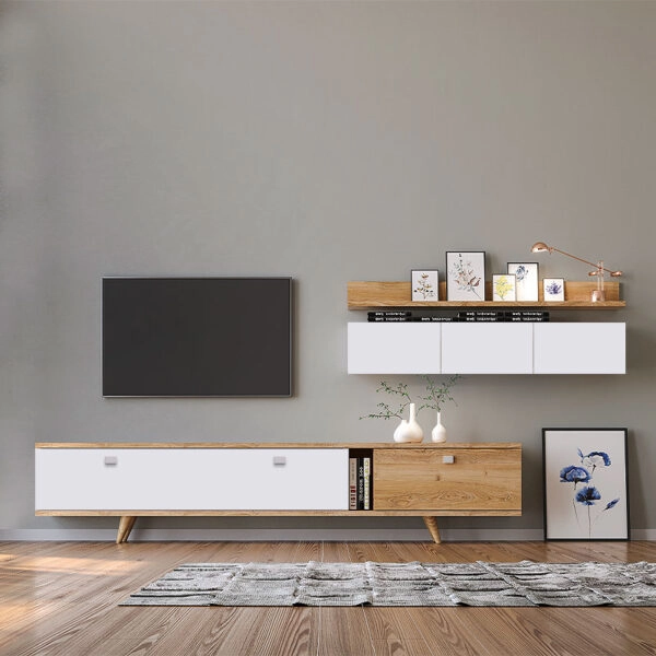 Σύνθεση τηλεόρασης Hera χρώμα sapphire oak - λευκό 170x37x45εκ.