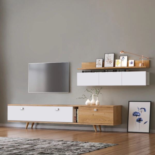 Σύνθεση τηλεόρασης Hera χρώμα sapphire oak - λευκό 170x37x45εκ.