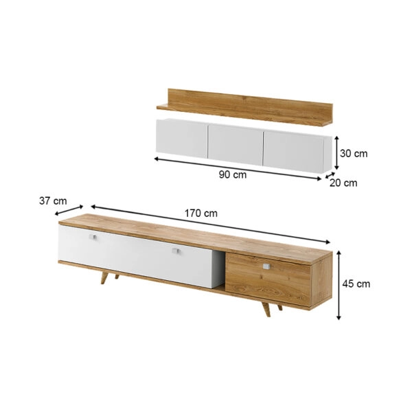 Σύνθεση τηλεόρασης Hera χρώμα sapphire oak - λευκό 170x37x45εκ.