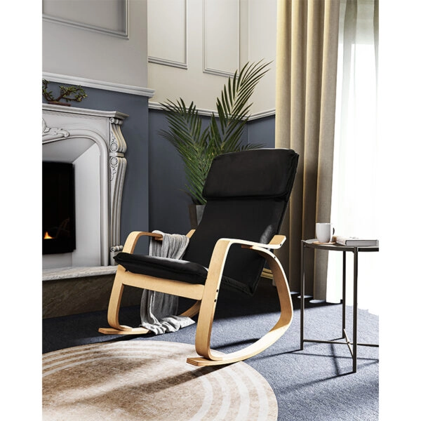 Πολυθρόνα Zenia  κουνιστή σε μαύρο ύφασμα και φυσικό ξύλο