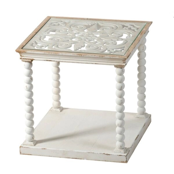 Τραπεζάκι βοηθητικό ξύλινο με σκαλιστό καπάκι και γυαλί (61x61x61)cm