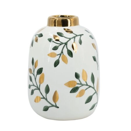 Artekko Anivia Λευκό Διακοσμητικό Κεραμικό Βάζο με Χρυσά και Πράσινα Φύλλα (17x18x23)cm