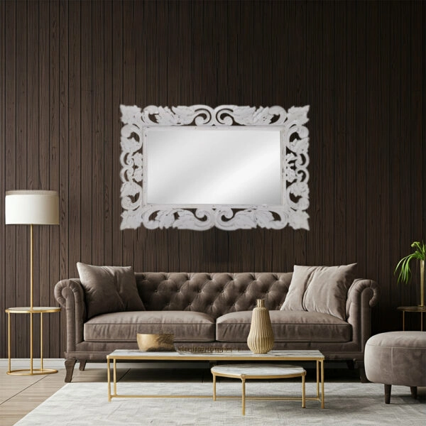 Artekko Mirroki Ξύλινος Λευκός Πατίνα Σκαλιστός Καθρέπτης Τοίχου (100x70)cm