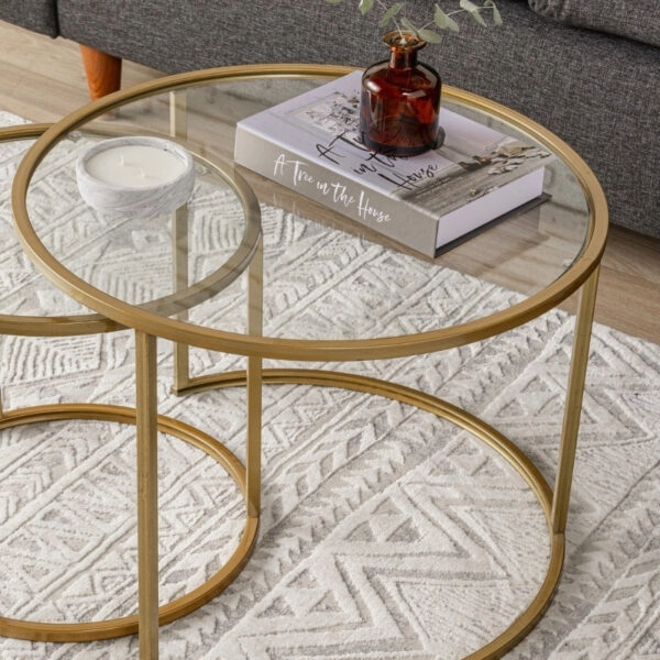 Τραπεζάκι σαλονιού σετ 2 τμχ Vetro Megapap μέταλλο - γυαλί χρώμα χρυσό Ø60x43εκ.