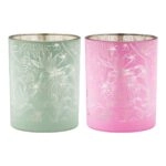 Φανάρι Καταιγίδας Cylindrical "Tropic" Leaf Motif Γυάλινο Πράσινο Pink PU 18 Pcs. Assorted H. cm D. 7 cm