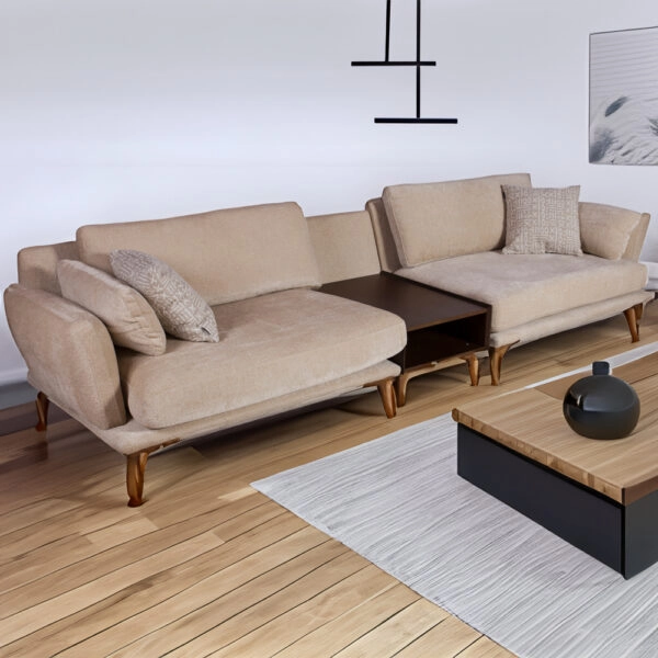 Artekko Ropera Μπεζ Τριθέσιος Καναπές με Μπουκλέ Ύφασμα και 50cm Τραπεζάκι (310x95x75)cm
