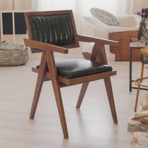 Suva Καρέκλα με Καρυδί Ξύλινο Σκελετό και Πράσινο Τεχνόδερμα (55x63x86)cm