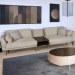 Artekko Ropera Μπεζ Τριθέσιος Καναπές με Μπουκλέ Ύφασμα και 50cm Τραπεζάκι (310x95x75)cm