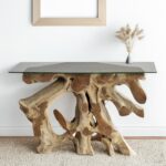 Artekko Munggur Ξύλινη Κονσόλα από Ρίζα Teak σε Ανοιχτό Καφέ (100x40x78)cm με Τζάμι (120x45)cm