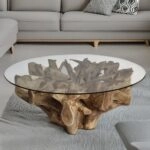Artekko Munggur Ξύλινο Τραπέζι Σαλονιού από Ρίζα Teak σε Φυσική Απόχρωση (Φ100x51)cm με Τζάμι Φ120cm