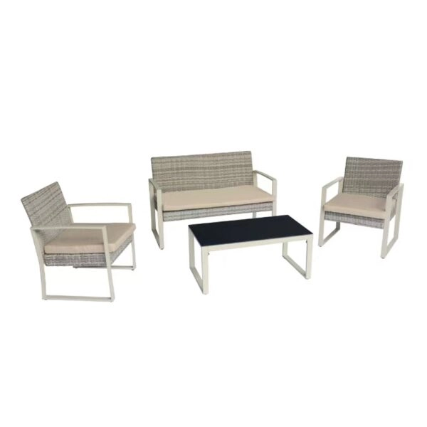 Artekko Rattan Διθέσιος Καναπές (115x60x80)cm 2x Πολυθρόνες (60x60x75)cm και Τραπέζι με Μαύρο Τζάμι (85x46x40)cm Γκρι Ανοιχτό Μεταλλικό Σκελετό με Ξύλο Πλαστικ Ρατάν και Μπεζ Μαξιλάρια Σετ/4