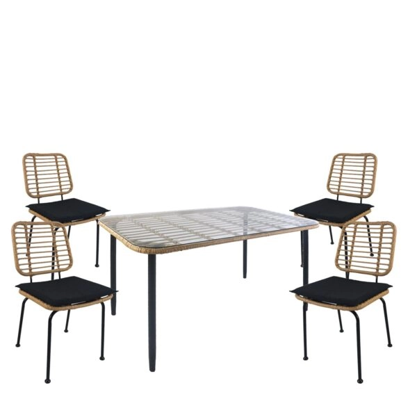 Σετ Τραπεζαρία Κήπου  ANNIUS Φυσικό/Μαύρο Μέταλλο/Rattan/Γυαλί Με 4 Καρέκλες 14990313