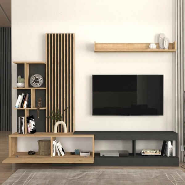 Σύνθεση τηλεόρασης Vermont Megapap χρώμα ανθρακί - sepet oak 240x40x192εκ.