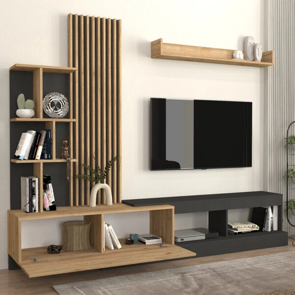 Σύνθεση τηλεόρασης Vermont Megapap χρώμα ανθρακί - sepet oak 240x40x192εκ.
