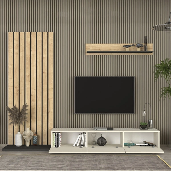 Σύνθεση τηλεόρασης Nagini Megapap χρώμα ivory - sapphire oak - ανθρακί 260x39,4x203,6εκ.