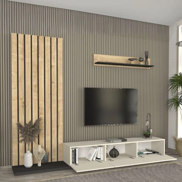 Σύνθεση τηλεόρασης Nagini Megapap χρώμα ivory - sapphire oak - ανθρακί 260x39,4x203,6εκ.