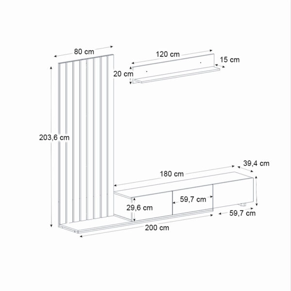 Σύνθεση τηλεόρασης Nagini Megapap χρώμα ivory - sapphire oak - ανθρακί 260x39,4x203,6εκ.