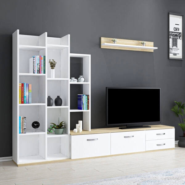 Σύνθετο σαλονιού Leman  σε λευκή-oak απόχρωση 240x35x154εκ