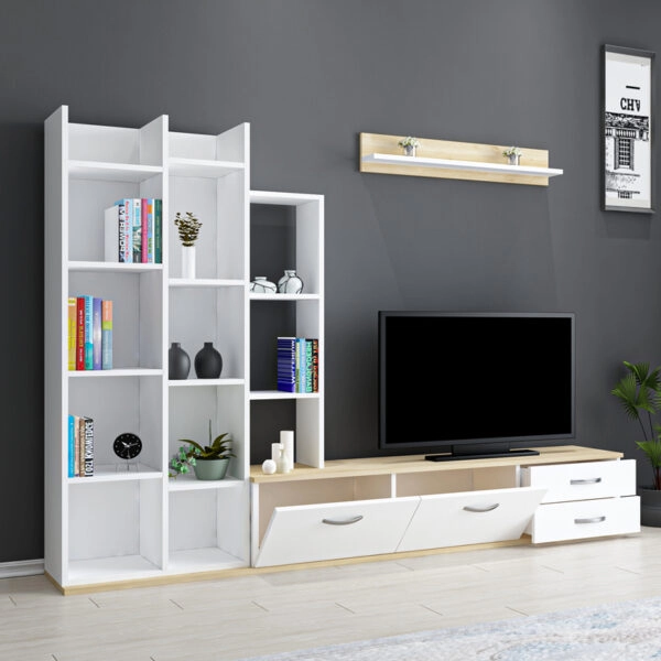 Σύνθετο σαλονιού Leman  σε λευκή-oak απόχρωση 240x35x154εκ