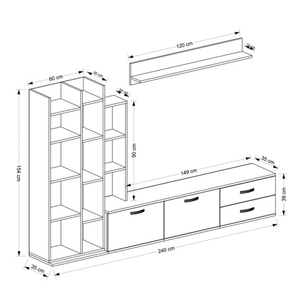 Σύνθετο σαλονιού Leman  σε λευκή-oak απόχρωση 240x35x154εκ
