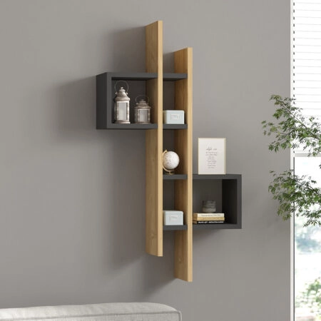 Ραφιέρα τοίχου Garel  σε oak-ανθρακί απόχρωση 53,8x19,6x108εκ