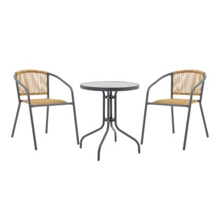 Tραπεζαρία Watson-Lindaria pakoworld σετ 3τεμ μέταλλο ανθρακί-γυαλί- pe rattan σε φυσική απόχρωση Φ60x70εκ