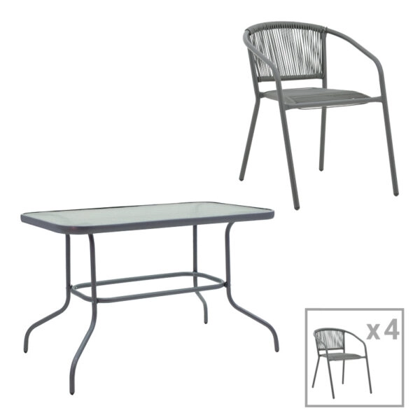 Τραπεζαρία Valor-Lindaria σετ 5τεμ μέταλλο ανθρακί-γυαλί-pe rattan 110x60x70εκ