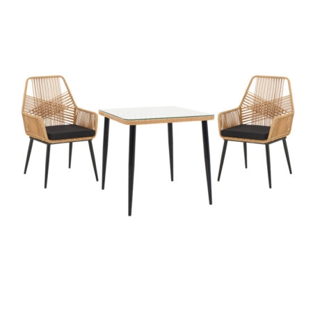 Τραπεζαρία Naoki-Tanish σετ 3 τεμ  μέταλλο μαύρο-pe φυσικό-γυαλί 80x80x78εκ