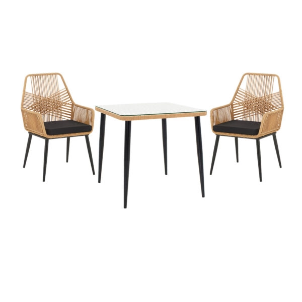 Τραπεζαρία Naoki-Tanish σετ 3 τεμ  μέταλλο μαύρο-pe φυσικό-γυαλί 80x80x78εκ