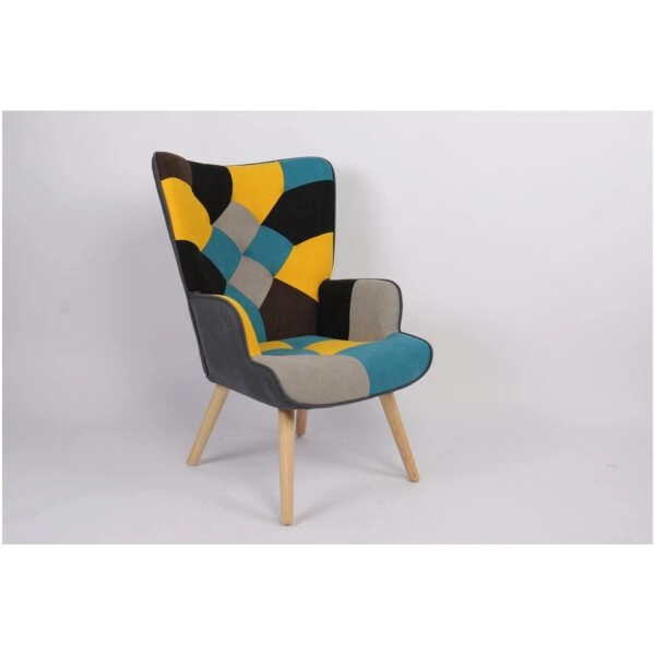 Πολυθρόνα  BRIAR Κίτρινο/Μπλε Patchwork Ύφασμα/Ξύλο 73x69x96cm
