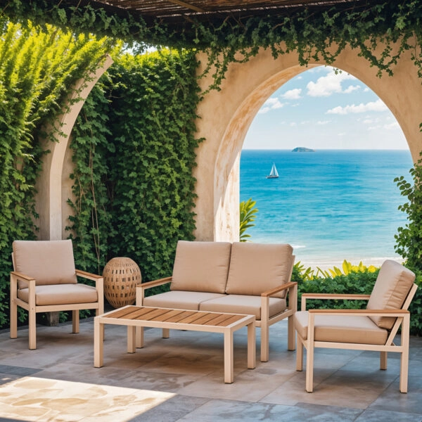 Σαλόνι κήπου Fashionable  σετ 4τμχ ύφασμα μπεζ-λευκό αλουμίνιο-plywood σε φυσική απόχρωση