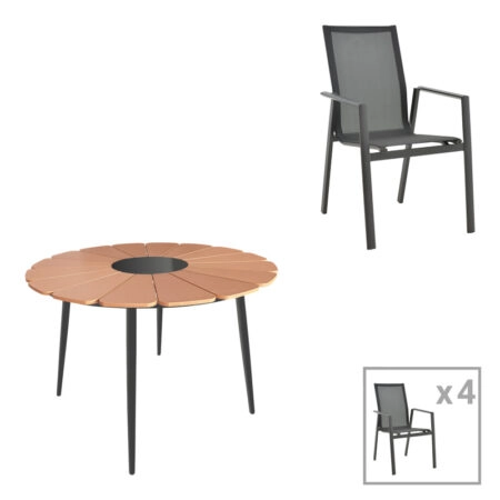 Τραπεζαρία Pinap-Dashiell σετ 5τεμ pakoworld μαύρο αλουμίνιο και plywood σε φυσική απόχρωση Φ110x74εκ