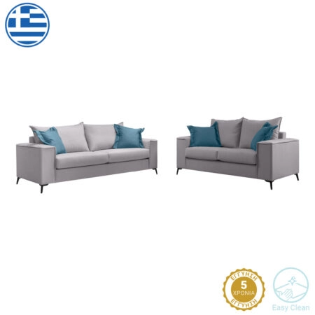 Σετ σαλονιού 2τεμ Verona ανοιχτό γκρι ύφασμα με μαξιλάρια σε μπλε απόχρωση