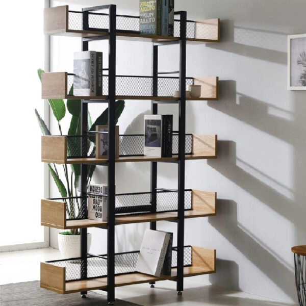 Βιβλιοθήκη Musha  μέταλλο μαύρο με oak απόχρωση 120x22x185εκ